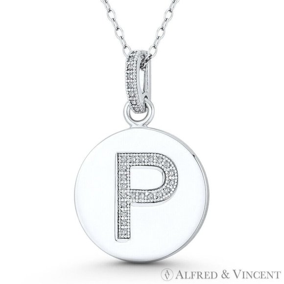 Initial Letter "P" CZ Crystal Circle Pendant in .925 Sterling Silver w/ Rhodium - Picture 1 of 1